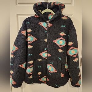 SO Black, Pink, Teal Sherpa Jacket with Geometric Pattern